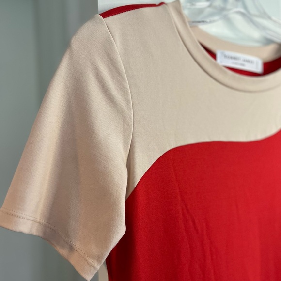 SOLD SONNET JAMES Red & Beige Abstract Swirl Short Sleeve Midi Play Dress Size S - Picture 2 of 16